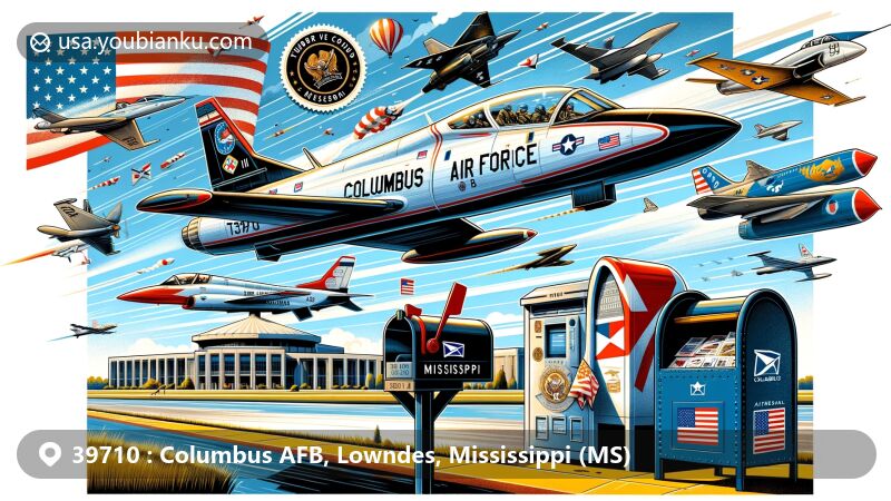 Illustration of Columbus Air Force Base in Mississippi, featuring iconic aircraft T-6 Texan II, T-38C Talon, and T-1A Jayhawk, set against the backdrop of natural scenery, showcasing Thunder Over Columbus Airshow. The foreground highlights aviation-themed postal elements like an envelope with '39710' ZIP Code, Columbus AFB pattern, classic American mailbox, and a flying paper plane, symbolizing communication and connection, with vibrant colors and rich details merging regional characteristics and postal culture.