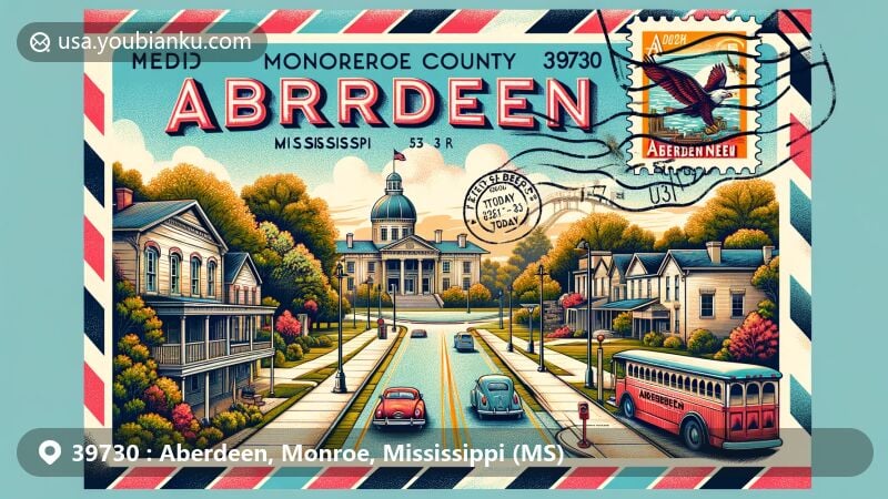 Modern illustration of Aberdeen, Monroe County, Mississippi, depicting antebellum homes and historical architecture surrounded by tree-lined streets, featuring the Aberdeen Lock and Dam on the Tennessee-Tombigbee waterway system.