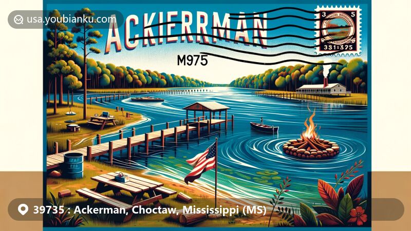 Modern illustration of Ackerman, Mississippi, blending natural beauty of Choctaw Lake and Yockanookany River with postal themes, showcasing ZIP code 39735 and Mississippi state flag.