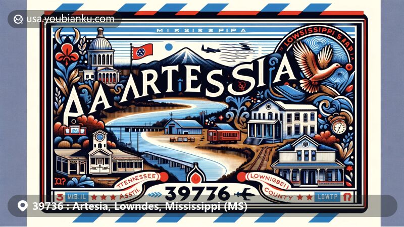 Modern illustration of Artesia, Lowndes County, Mississippi, highlighting small-town charm, historical link to Mobile and Ohio Railroad, and symbols of Mississippi and Lowndes County.