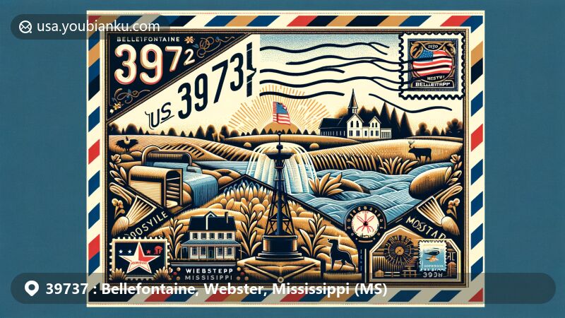 Modern illustration of Bellefontaine, Webster County, Mississippi, in the style of an air mail envelope, featuring state flag and postal motifs, representing rural beauty and historic landmarks.
