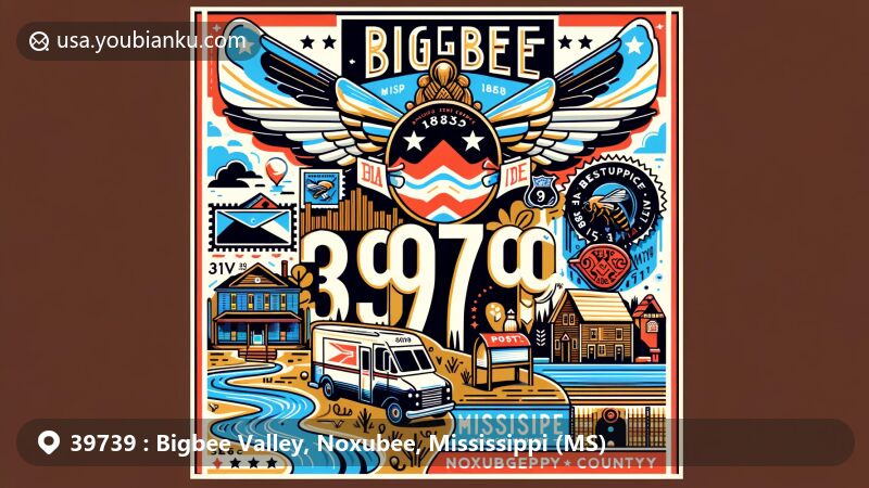 Innovative illustration of Bigbee Valley, Noxubee County, Mississippi, showcasing postal heritage and cultural roots, featuring Tombigbee River, historic post office, and Choctaw history.