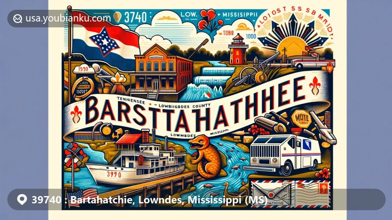 Modern illustration of Bartahatchie, Lowndes County, Mississippi, featuring ZIP code 39740, Mississippi state flag, Lowndes County outline, Tennessee−Tombigbee Waterway, lock system, vintage stamp, postal truck, envelope, and postal motifs.