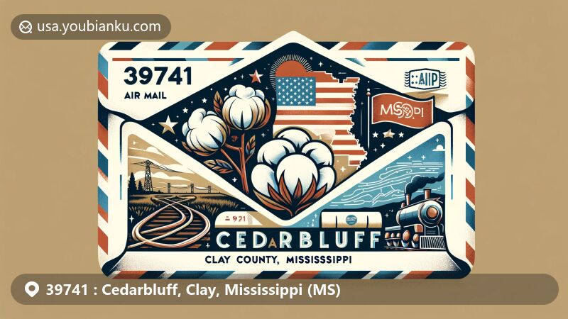 Modern illustration of Cedarbluff, Mississippi, showcasing postal theme with ZIP code 39741, integrating state flag, county silhouette, cotton plant, and railroad motifs.
