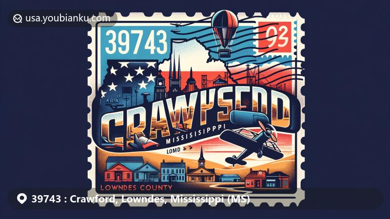 Modern illustration of Crawford, Mississippi, showcasing postal theme with ZIP code 39743, featuring vintage air mail envelope with symbolic postal stamp representing town's history and connection to Mobile and Ohio Railroad.