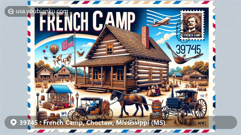 Modern illustration of French Camp, Choctaw County, Mississippi, featuring historic Huffman Log Cabin from French Camp Historic Village, Natchez Trace Parkway, and elements from French Camp Harvest Festival.