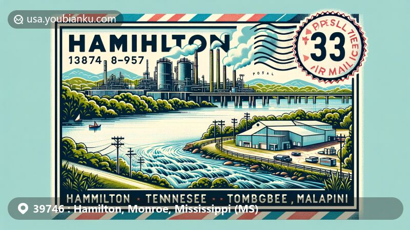 Modern illustration of Hamilton, Monroe County, Mississippi, highlighting Tennessee-Tombigbee Waterway and titanium manufacturing plant, set in lush Northeast Mississippi landscape, featuring vintage postal elements with ZIP code 39746.