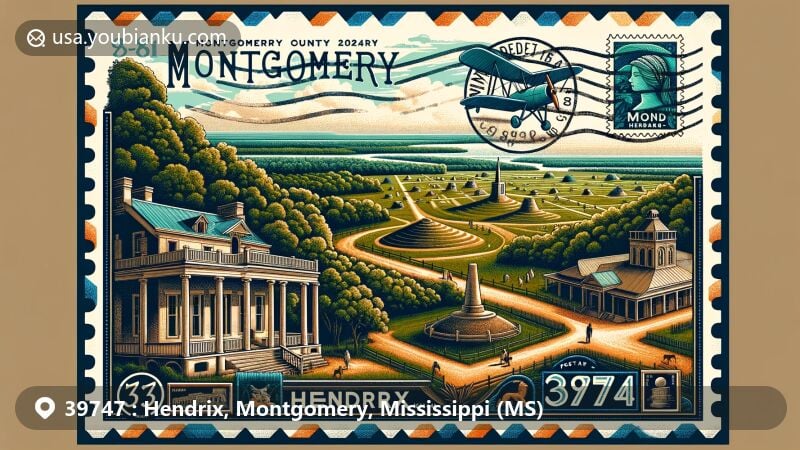 Modern illustration of Hendrix, Kilmichael, Montgomery County, Mississippi, depicting iconic landmarks like the Windsor Ruins and Emerald Mound Site, with a vintage airmail envelope displaying postcard images. Postal stamps and cancellation mark with ZIP code 39747, surrounded by magnolia flowers and oak trees, symbolizing the Southern charm and natural beauty of Mississippi.