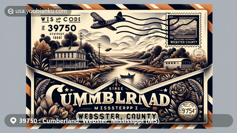 Modern illustration of Cumberland, Webster County, Mississippi, highlighting ZIP code 39750, featuring the Big Black River and a nod to Daniel Webster, seamlessly blending postal theme with vintage air mail elements.