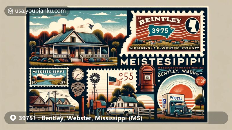Modern illustration of Mantee, Bentley area, Webster County, Mississippi, representing ZIP code 39751, featuring rural landscapes, postal elements, and small village charm.