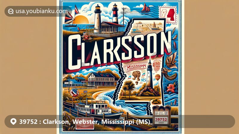 Modern illustration of Clarkson, Webster County, Mississippi, showcasing postal theme with ZIP code 39752, featuring Biloxi Lighthouse and Winterville Mounds.