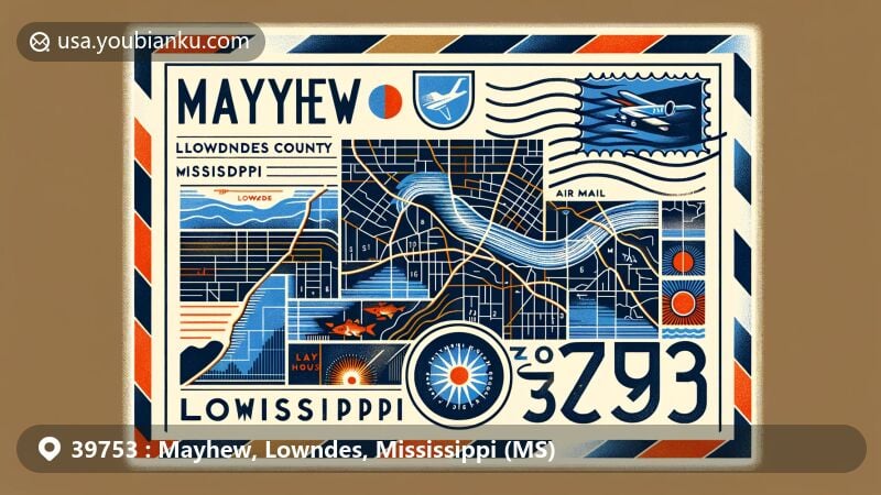 Modern illustration of Mayhew, Lowndes County, Mississippi, highlighting postal theme with ZIP code 39753, blending air mail envelope design with local features in a wide-format style.