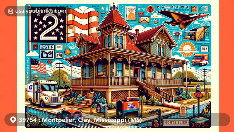 Modern illustration of Montpelier, Clay County, Mississippi, showcasing postal theme with ZIP code 39754, featuring vernacular Victorian architectural style building and elements like Mississippi state flag, local landscape, vintage postcard design, old-fashioned mailbox, and postal truck.