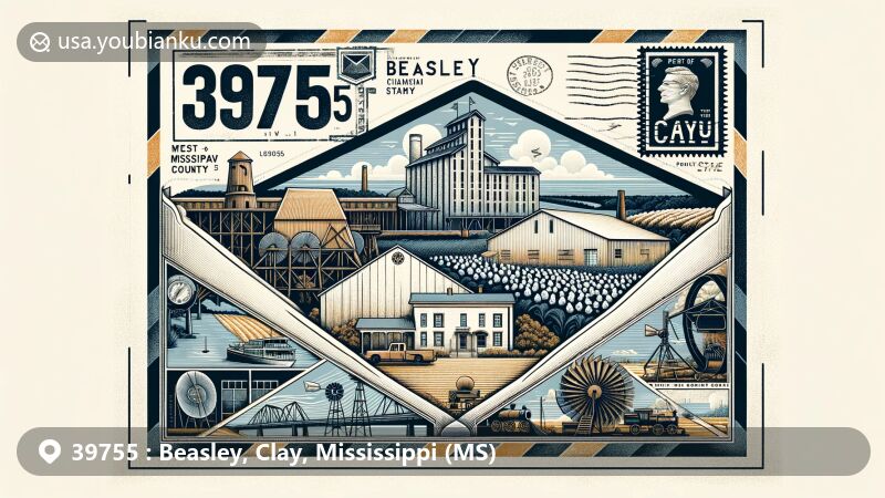 Modern illustration of Beasley, Clay County, Mississippi, showcasing postal theme with ZIP code 39755, featuring West Point, cotton mill, furniture factory, Chickasaw Indian territory, and Mississippi state symbol.