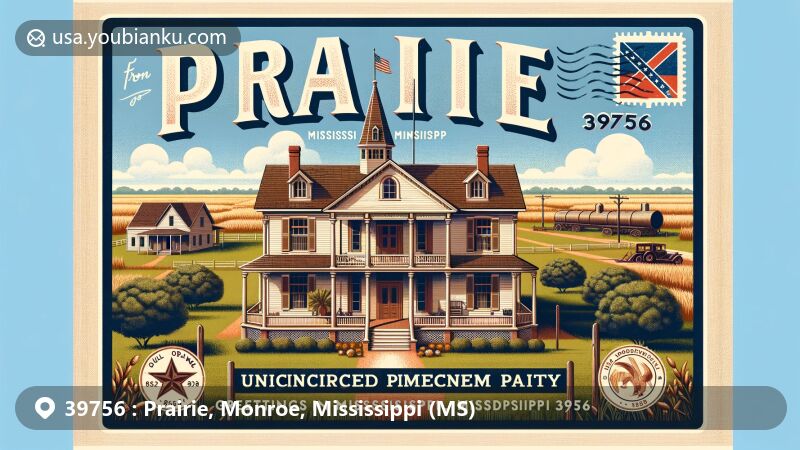 Modern illustration of Prairie, Mississippi, highlighting rural charm and history with Lenoir Plantation as the central landmark, surrounded by Gulf Ordnance Plant remnants, featuring Mississippi state flag on postcard borders.