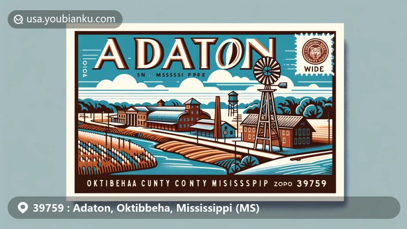 Modern illustration of Adaton, Oktibbeha, Mississippi (MS), showcasing Steele's Mill, Oktibbeha County Heritage Museum, Mississippi State University elements, natural scenery like Oktibbeha County Lake, Black Belt region, and postal theme with vintage postage stamp and ZIP code 39759.