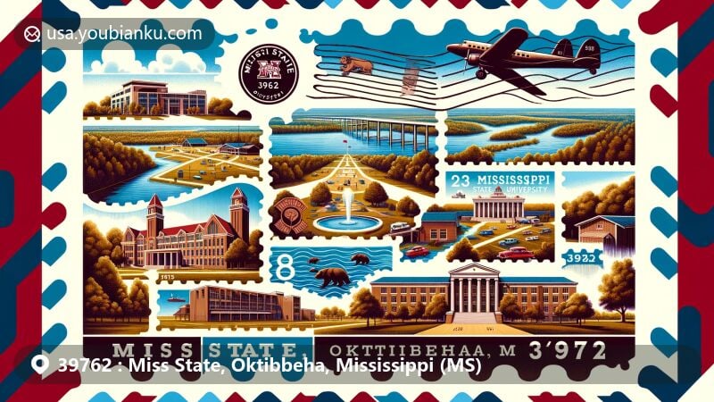 Modern illustration of Miss State, Oktibbeha County, Mississippi, highlighting the charm of Mississippi State University and local heritage, framed like a vintage air mail envelope with postal theme.