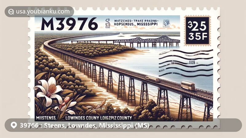 Vintage postcard design of Steens, Lowndes County, Mississippi, with Natchez Trace Parkway and Biloxi Bay Bridge, featuring state symbols and postal elements.
