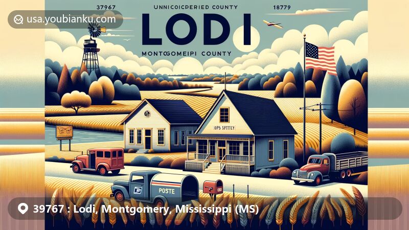 Modern illustration of Lodi, Montgomery County, Mississippi, with a postal theme and rural elements, highlighting ZIP code 39767 and historical references to cotton plantations, timber industry, post office, and natural landmarks.