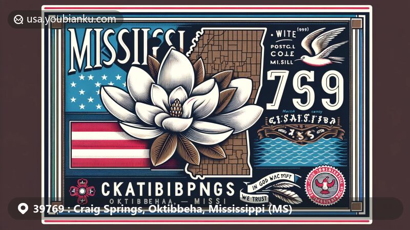 Modern illustration of Craig Springs, Oktibbeha, Mississippi, showcasing postal theme with ZIP code 39769, featuring Mississippi state flag with magnolia and 'In God We Trust', integrating Oktibbeha County outline, and vintage postage stamp elements.
