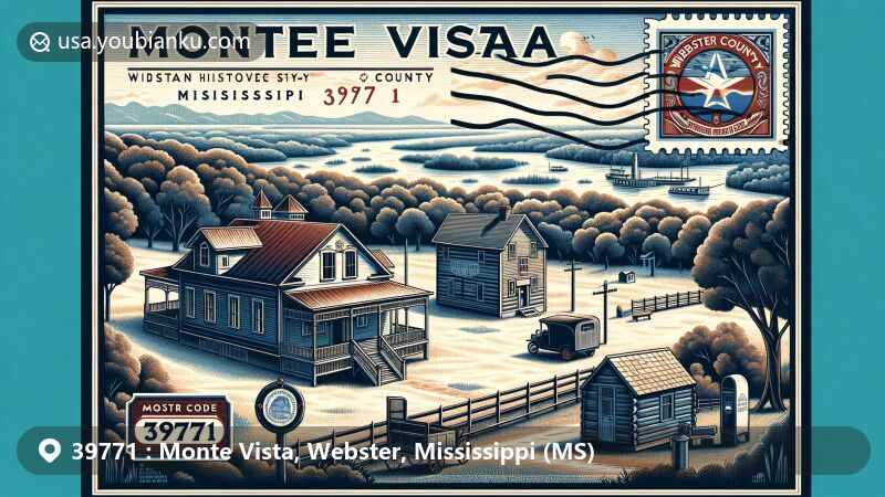 Modern illustration of Monte Vista, Webster County, Mississippi, highlighting Eupora Historic District and Big Black River, featuring Pittman Log House and vintage postal elements.