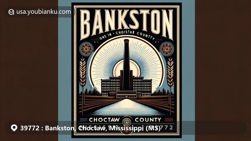 Modern postcard design of Bankston, Choctaw County, Mississippi, showcasing textile mill history and Choctaw cultural symbols, with ZIP code 39772.