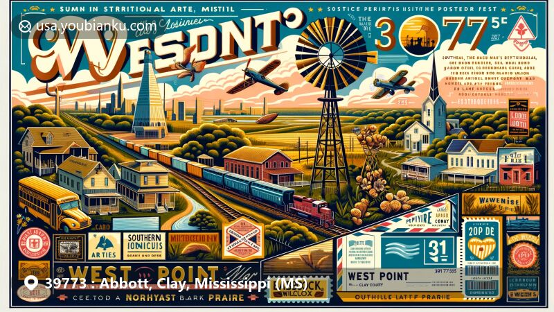 Vibrant illustration of West Point, Mississippi, showcasing its rich history in agriculture and railroads, its connection to the Golden Triangle region, and the Prairie Arts Festival symbolized by a windmill, with nods to demographic diversity and key businesses like Southern Ionics, Babcock & Wilcox, and Mossy Oak. Features local landmarks like Waverly Plantation Mansion and Howlin' Wolf Blues Museum, set in the scenic northeast black prairie region, presented in a modern, postcard-style design with postal elements and prominent ZIP code 39773.