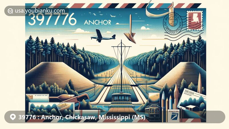 Modern illustration of Anchor, Chickasaw County, Mississippi, featuring Natchez Trace Parkway, ancient mounds, and lush forest landscape, highlighting postal elements like air mail envelope and stamps, showcasing ZIP code 39776.