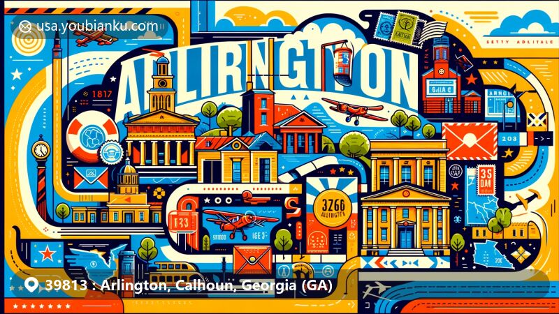 Modern illustration of Arlington, Georgia, creatively blending postal elements and local landmarks, featuring ZIP code 39813, with an artistic air mail envelope, stamps, and postmark. Emphasizing Arlington's small-town charm, history, and connection to Arlington House. Geographical outline of Georgia in warm colors highlights the town's location.