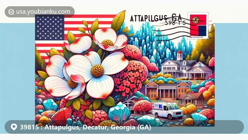 Modern illustration of Attapulgus, Georgia, featuring dogwood flowers, attapulgite mineral formations, Georgia state flag, and postal elements with ZIP code 39815.