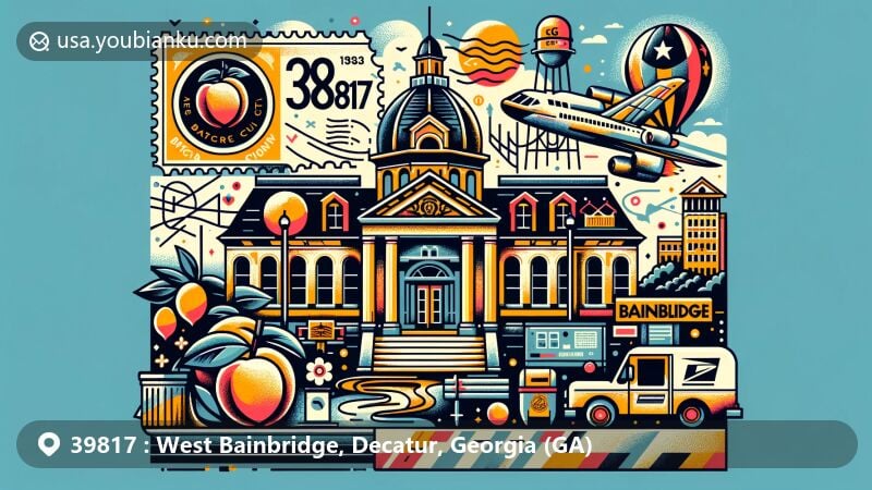 Modern illustration of West Bainbridge, Decatur County, Georgia, featuring Decatur County Courthouse, Bainbridge Residential Historic District, and iconic Georgia symbols, with a vintage postal theme highlighting ZIP code 39817.