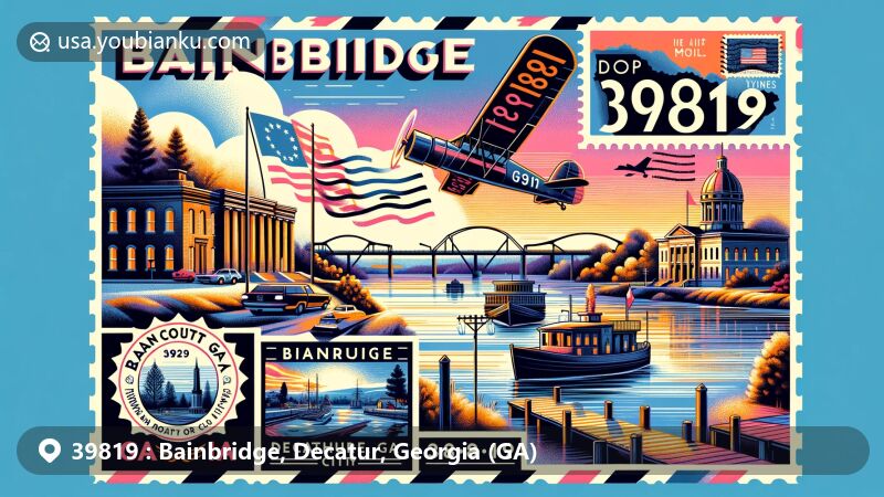 Modern illustration of Bainbridge, Decatur County, Georgia, with ZIP code 39819, featuring 'Georgia's First Inland Port' and the Flint River, showcasing iconic landmarks like Decatur County Courthouse and the flag of Bainbridge.