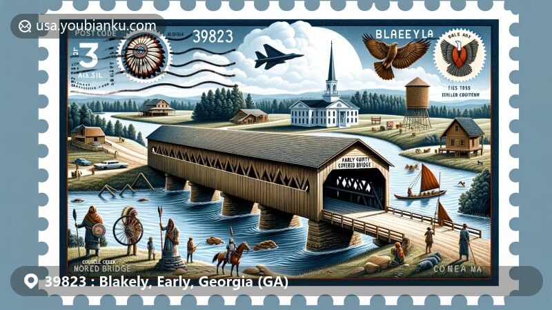 Modern illustration of Blakely, Georgia, showcasing postal theme with ZIP code 39823, featuring Coheelee Creek Covered Bridge, Early County Courthouse, and Kolomoki Mounds.