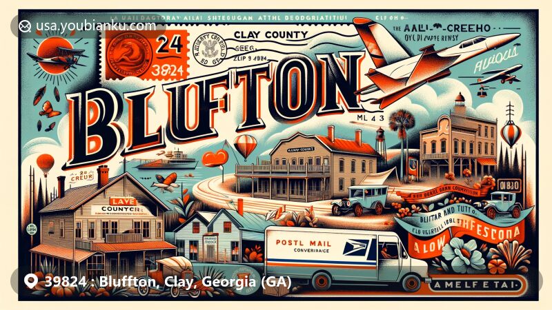 Modern illustration of Bluffton, Clay County, Georgia, showcasing postal theme with ZIP code 39824, featuring historical and cultural elements from Anglo-Creek conventions and the Yazoo Land Act controversy, symbolizing the area's rich tapestry of Creek Confederacy and Georgian settlers.