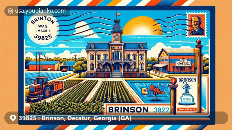 Modern illustration of Brinson, Georgia, showcasing postcard design with key town elements like Brinson Town Hall, agricultural fields, and historical marker for Simeon Brinson. Features postal elements and ZIP Code 39825.