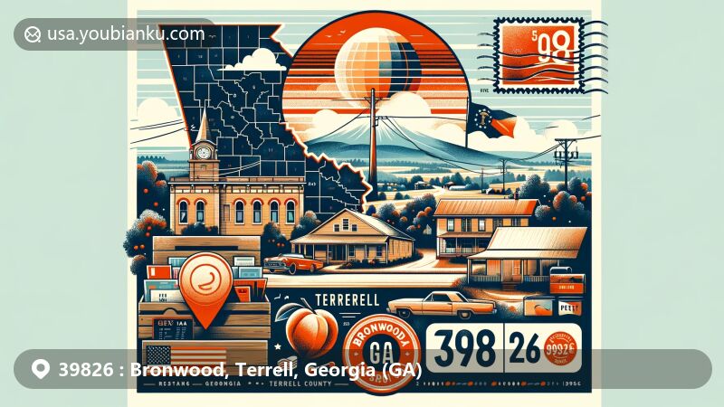 Vibrant illustration of Bronwood, Georgia in ZIP code 39826, Terrell County, blending regional and postal themes with a scenic view of the area, postal elements like vintage envelope, postmark, and stamp, and warm community spirit.