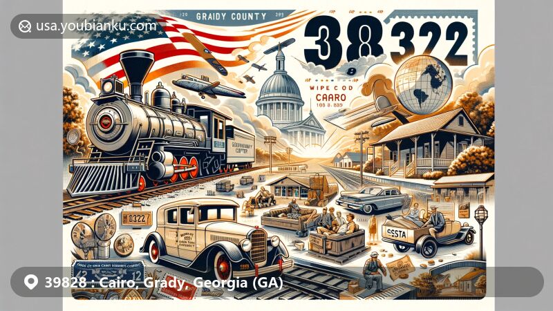 Modern illustration of Cairo, Grady County, Georgia, showcasing postal theme with ZIP code 39828, featuring Grady County Museum, Grady Cultural Center, humid subtropical climate, Georgia state flag, and postal elements.