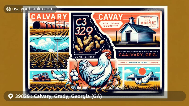 Modern illustration of Calvary, Grady County, Georgia, highlighting local agriculture with cotton, corn, peanuts, and chickens, featuring Hurricane Michael's impact, post office elements, and historical postmaster appointment.