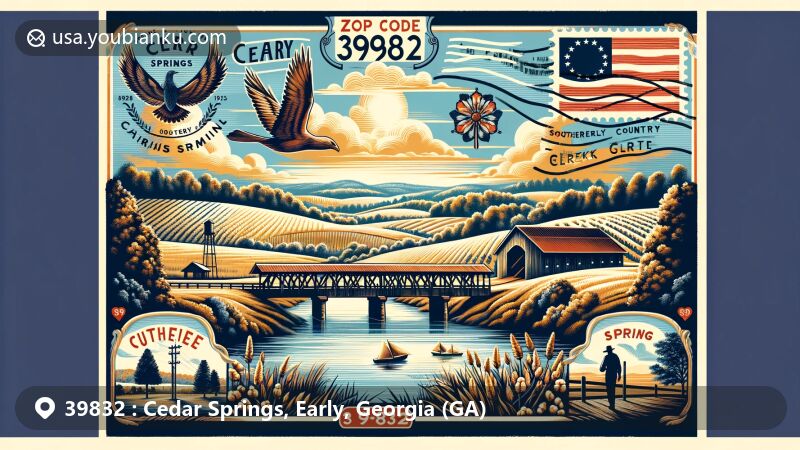 Modern illustration of Cedar Springs, Early County, Georgia, integrating postal theme with ZIP code 39832, showcasing cotton fields, Creek Indian heritage, mineral springs, vintage postcard, and Georgia state flag.