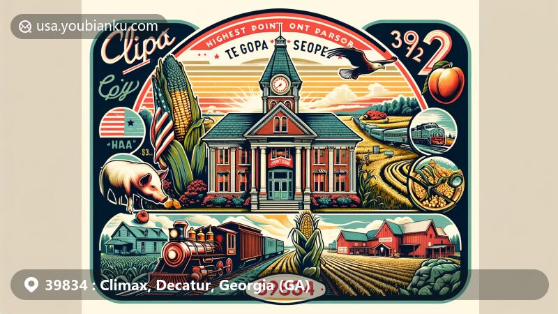 Modern illustration of Climax, Georgia, featuring postal theme with ZIP code 39834, showcasing rural beauty and small town charm.
