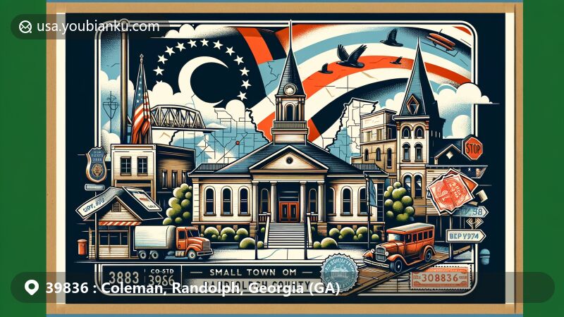 Modern illustration of Coleman, Randolph County, Georgia, featuring ZIP code 39836, state flag, postal themes, and geographical landmarks, embodying the small-town charm, rural living environment, and Georgia state symbols.