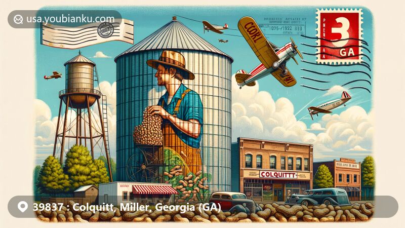 Modern illustration of Colquitt, Georgia, showcasing aviation-themed postcard with Agricultural Icon Mural on peanut silo, reflecting region's agricultural significance and community's connection with land and art.
