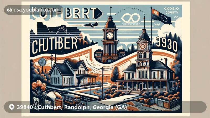 Modern illustration of Cuthbert, Georgia, showcasing postal theme with ZIP code 39840, featuring Randolph County Courthouse, Victorian homes, Andrew College, Chattahoochee River, Kolomoki Mounds State Park, and Georgia state flag.