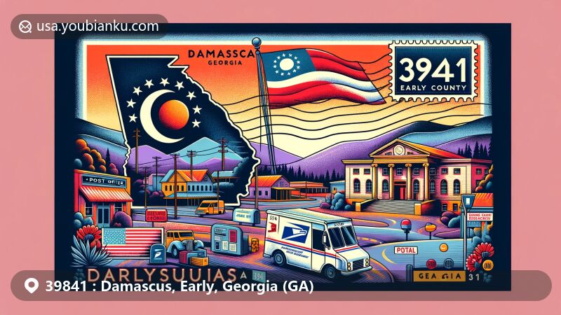 Modern illustration of Damascus, Georgia, in Early County, showcasing postal theme with ZIP code 39841, featuring Damascus Post Office and regional postal elements.