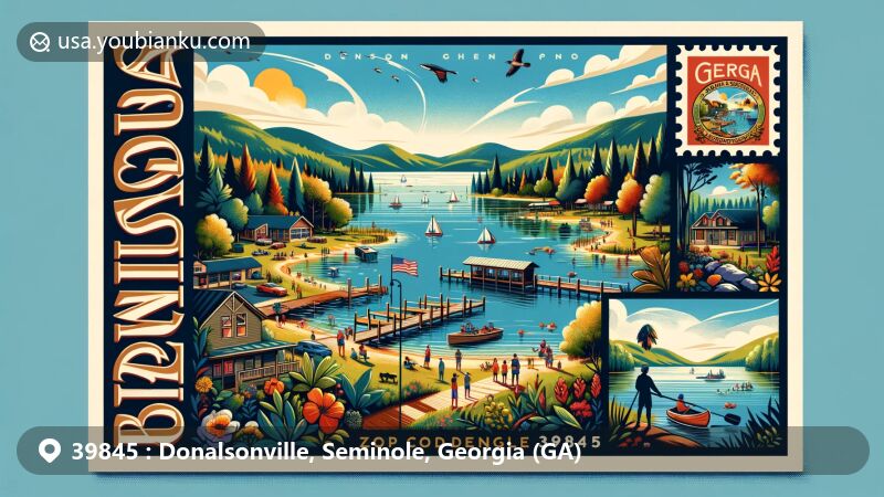 Modern illustration of Donalsonville, Seminole County, Georgia, highlighting natural beauty and recreational activities at Lake Seminole, with boating, fishing, and Georgian flora in a sunny climate.