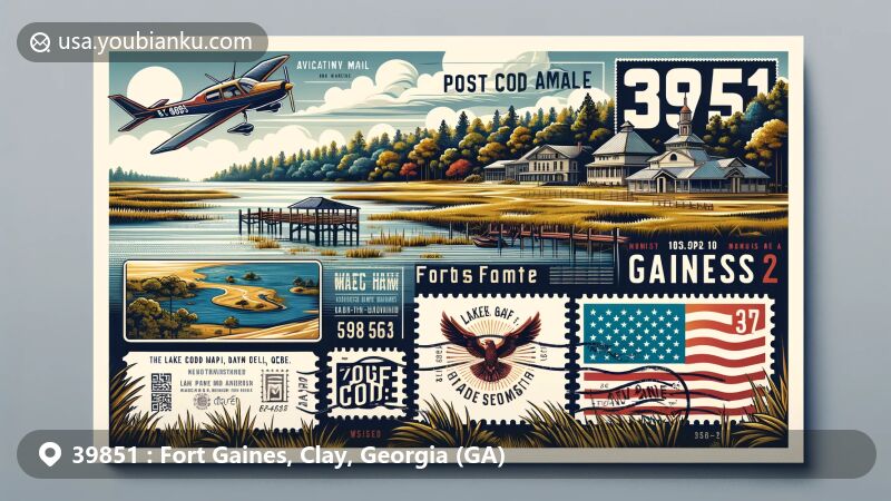 Modern illustration of Fort Gaines, Georgia, featuring panoramic view of Lake Walter F. George, emphasizing hunting and fishing, with elements of local history and aviation mail envelope aesthetic.