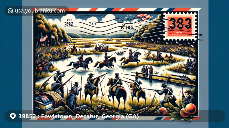 Modern illustration of Fowlstown, Decatur County, Georgia, featuring the Battle of Fowltown, Decatur Book Festival, Georgia state symbols, and postal elements with ZIP code 39852.