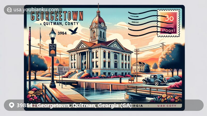 Modern interpretation of Georgetown, Quitman in Georgia, featuring iconic landmarks like Quitman County Courthouse and Georgetown Post Office, with scenic Chattahoochee River backdrop, vintage postcard design with ZIP code 39854.