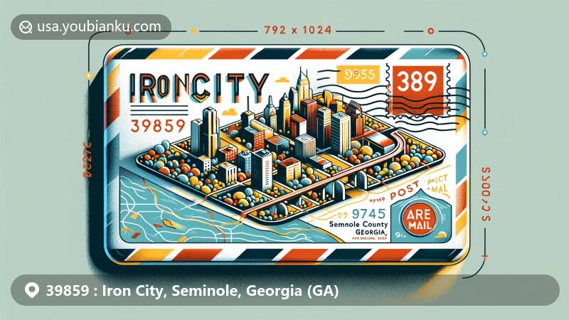 Modern illustration of Iron City, Seminole County, Georgia, featuring ZIP code 39859 and postal theme, emphasizing geographical location and postal symbols.