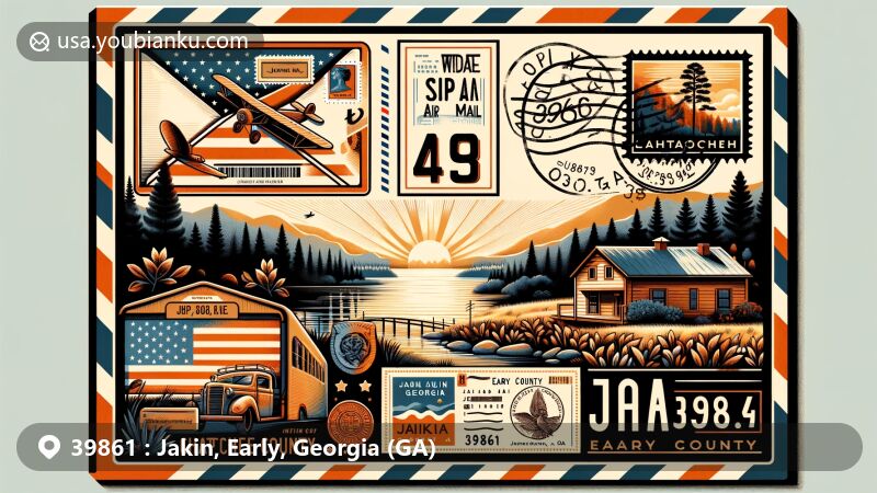 Modern illustration of Jakin, Early County, Georgia, featuring ZIP Code 39861, showcasing Chattahoochee River, agriculture history, and longleaf pine forests.